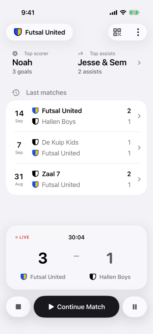 The Pingel home screen: top scorer, top assists, last matches and a live match to continue.