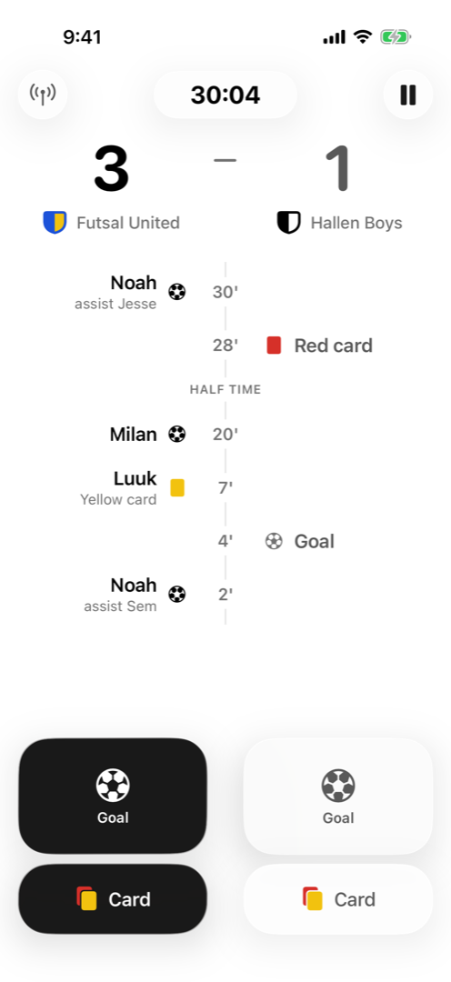 The live match screen with goal and card buttons for both sides.