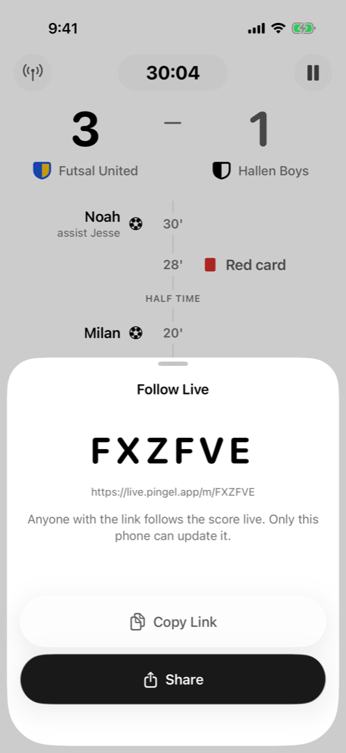 The Follow Live sheet showing the six-letter code FXZFVE and its live.pingel.app link.